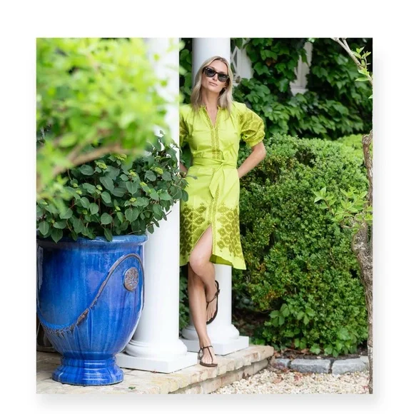Julia Amory 𖤗 Coatue Mademoiselle Short Sleeve Embroidery Dress 𖤗 Chartreuse 𖤗 M - Picture 15 of 16